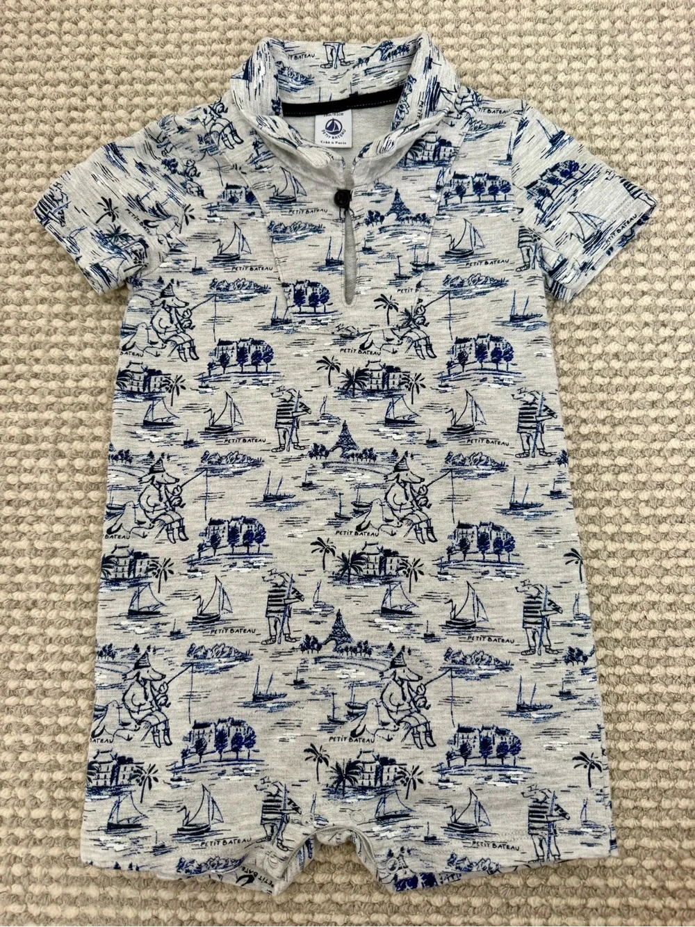Petit Bateau Blue, Gray and White Nautical Print Short-Sleeved Romper 18 months